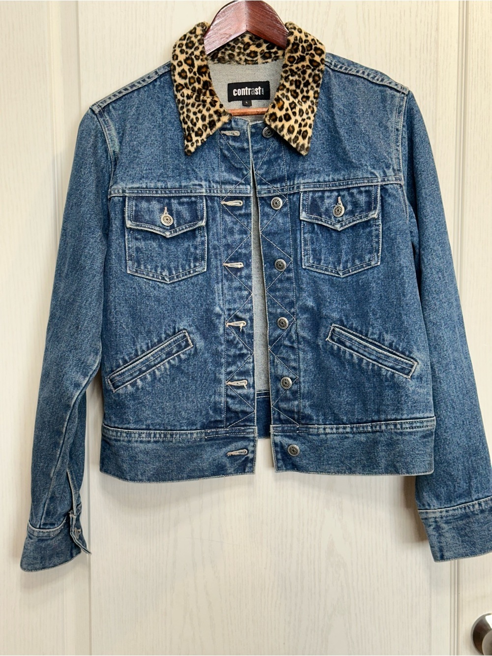 90s Y2K Leopard Collar Blue Denim Jacket sz L